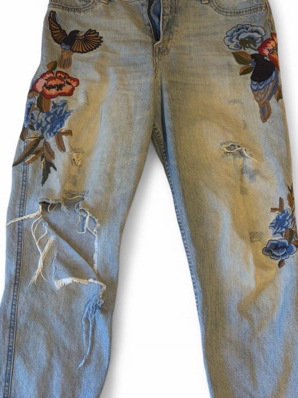 Embroidered Abercrombie Light Blue Women's Jeans with Floral & Bird Motif